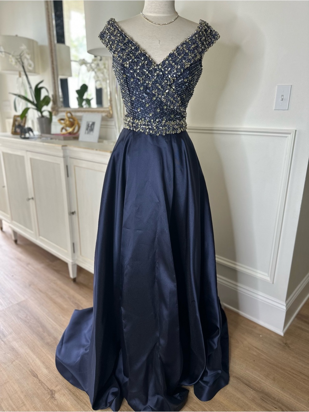 Jovani Navy Beaded Off-Shoulder Evening Gown